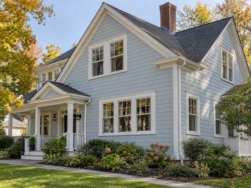 Pale blue shingle exterior with white trim — Connecticut residential design inspiration