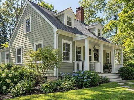 Sage green cottage with a painted front porch — Connecticut residential design inspiration