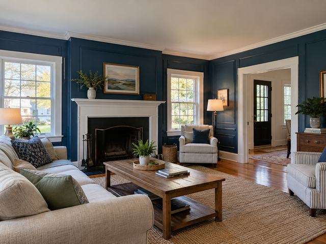 Navy paneled living room with white trim — Connecticut residential design inspiration