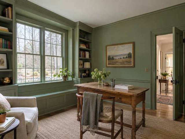 Sage green study with coordinated woodwork — Connecticut residential design inspiration