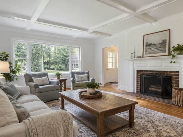 Bright white living room with painted ceiling detail — Connecticut residential design inspiration