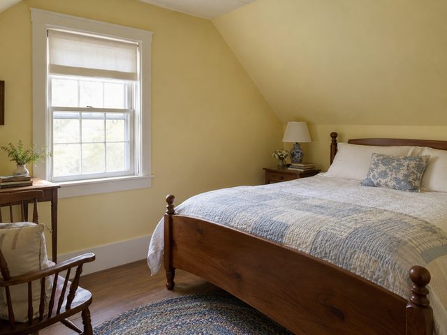 Pale yellow guest-bedroom walls with crisp white window trim — Connecticut residential design inspiration