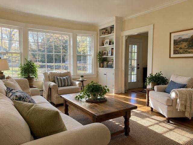 Sunlit sitting room with warm cream walls — Connecticut residential design inspiration