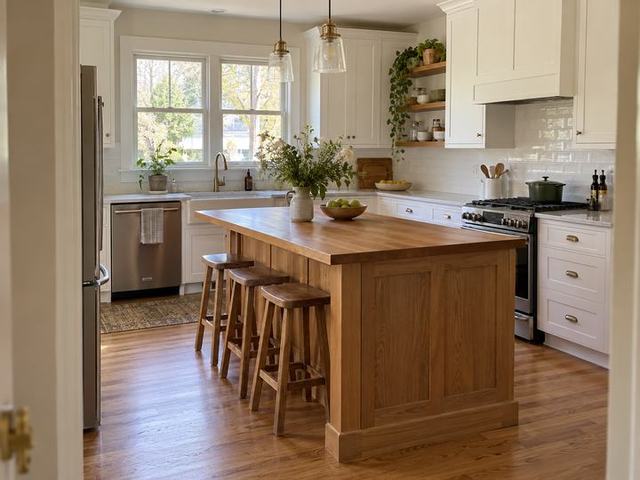White kitchen with a natural wood island — Connecticut residential design inspiration