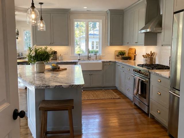 Soft gray kitchen with stone countertops — Connecticut residential design inspiration