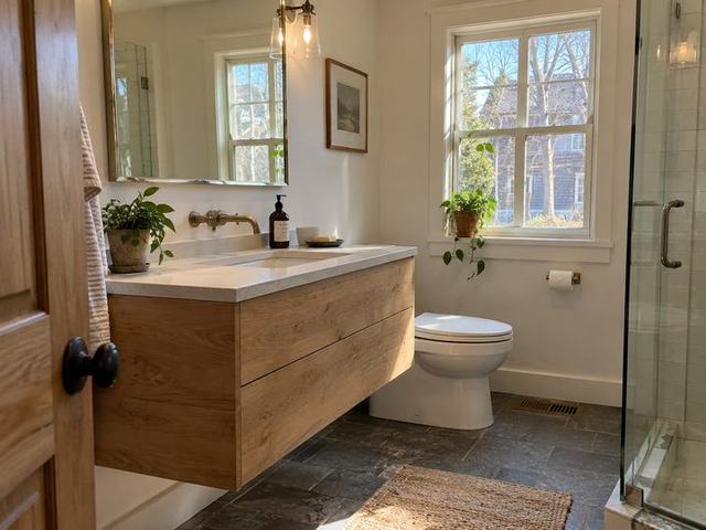 Bathroom with a floating timber vanity — Connecticut residential design inspiration