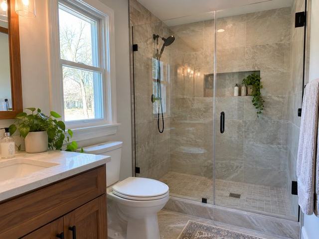 Walk-in shower with a glass enclosure — Connecticut residential design inspiration