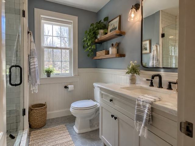 Compact bathroom with thoughtful storage — Connecticut residential design inspiration