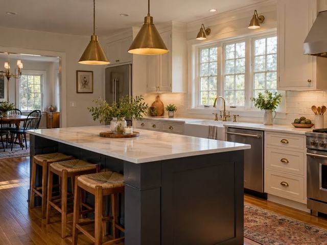 Kitchen with warm brass finishing details — Connecticut residential design inspiration