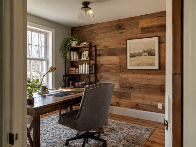 Timber accent wall in a study — Connecticut residential design inspiration