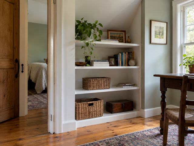 Built-in shelving in a compact alcove — Connecticut residential design inspiration