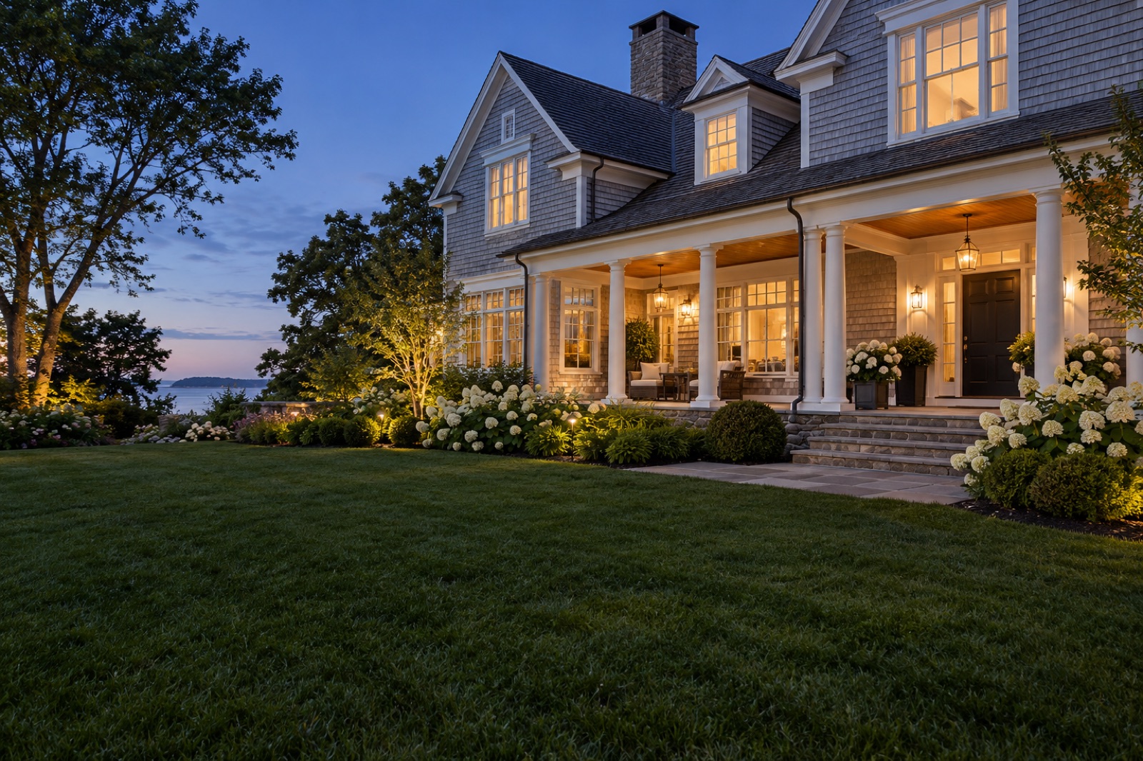 An elegant Connecticut shingle home with a beautifully finished porch