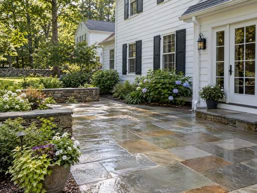Clean stone patio beside a landscaped garden — Connecticut residential design inspiration