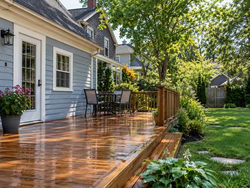 Freshly cleaned deck beside a garden lawn — Connecticut residential design inspiration